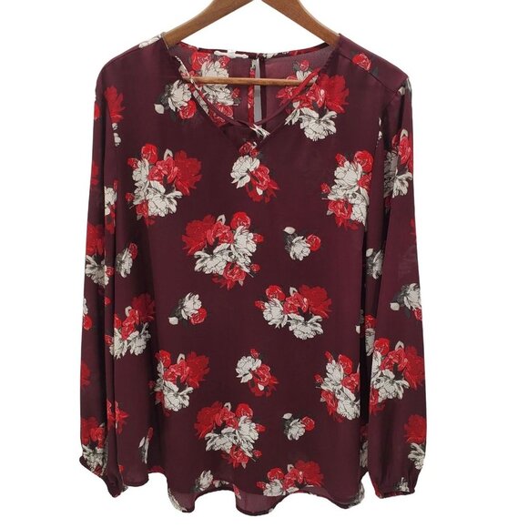 Maurices Womens Floral Semi-Sheer Tunic Top Sz 0 V-Neck Maroon Red Long Sleeve - Picture 1 of 11